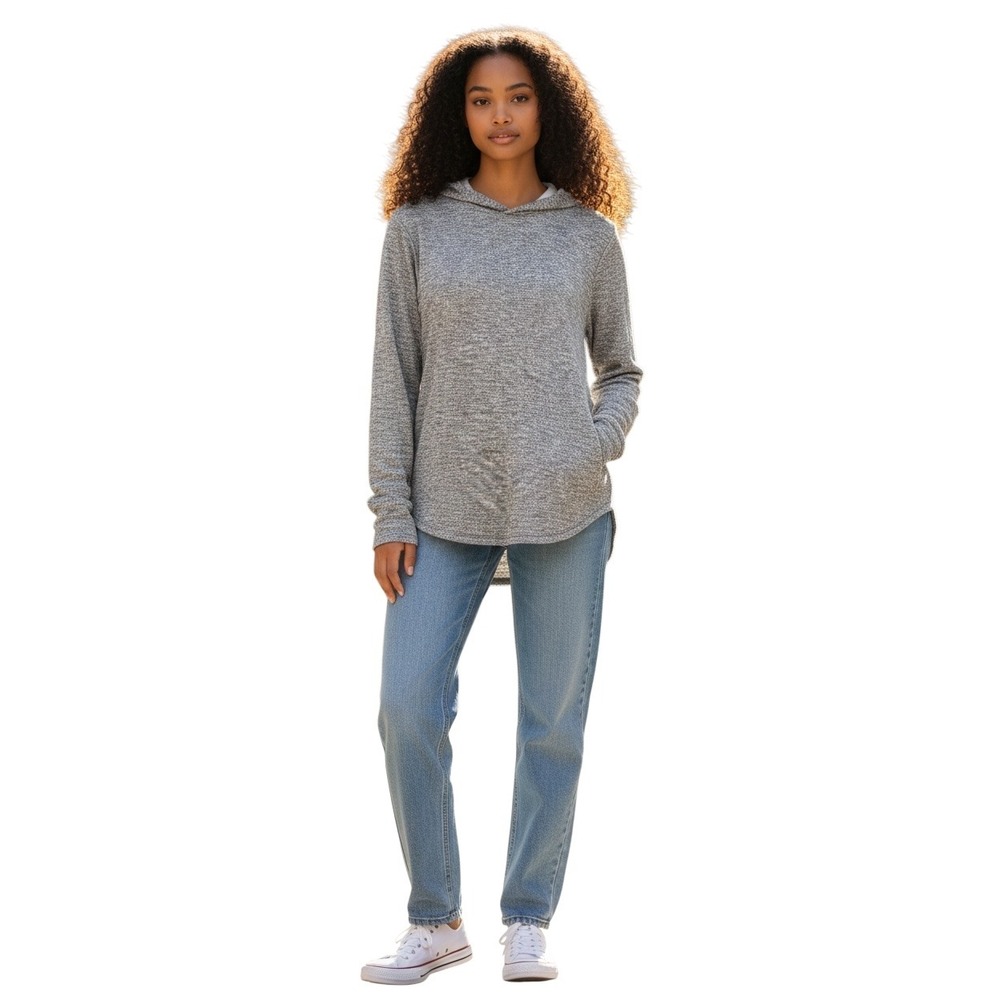 Vince Women Grey Space Dye Marl Long Sleeve Pullover Hoodie Curved Hem Small
